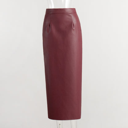 KKBOXLY Cross-border Ankola red split hip skirt New autumn new fashion leather skirt high-end slim PU skirt