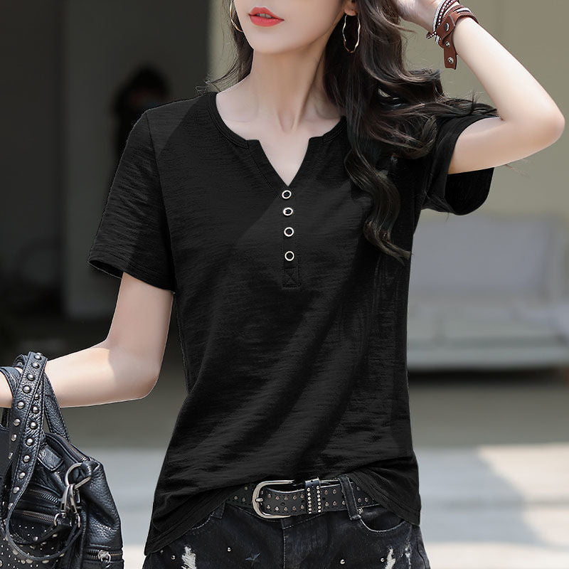 VLOVELAW [Real Price] a Large Number of in Stock Slub Cotton V-neck Buttons Short-Sleeved Women's Korean-Style Loose plus Size Cotton Top