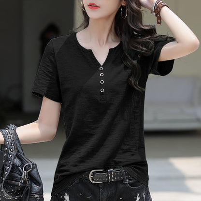 VLOVELAW [Real Price] a Large Number of in Stock Slub Cotton V-neck Buttons Short-Sleeved Women's Korean-Style Loose plus Size Cotton Top