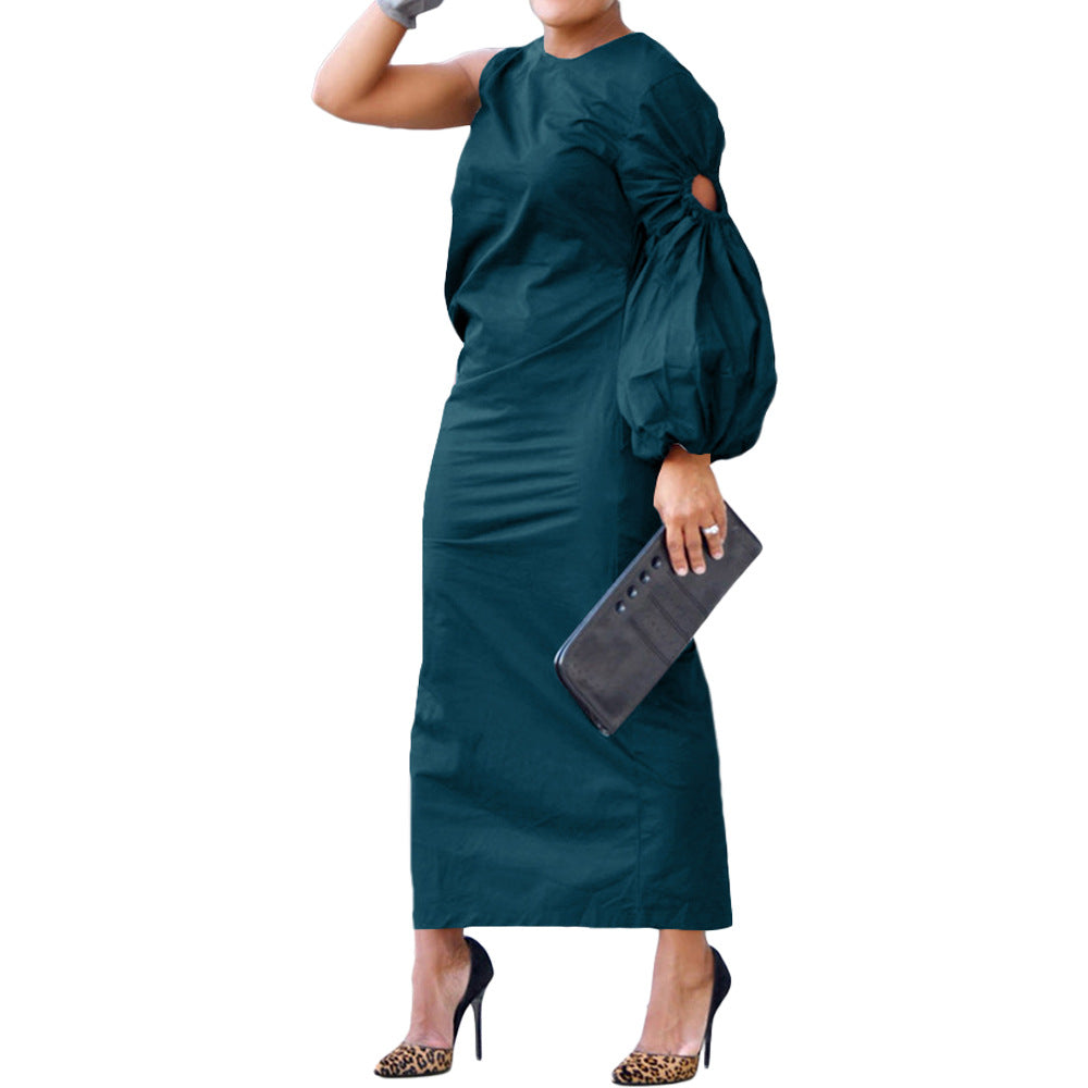 VLOVELAW Bn295 Cross-Border Foreign Trade European and American Women's Clothing Autumn New Solid Color Single Sleeve Hollow-out Side Slit Dress
