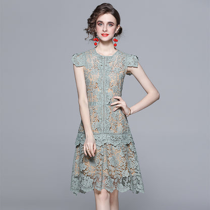 summer new women's clothing heavy industry lace irregular fan skirt flying sleeves heart machine slim dress
