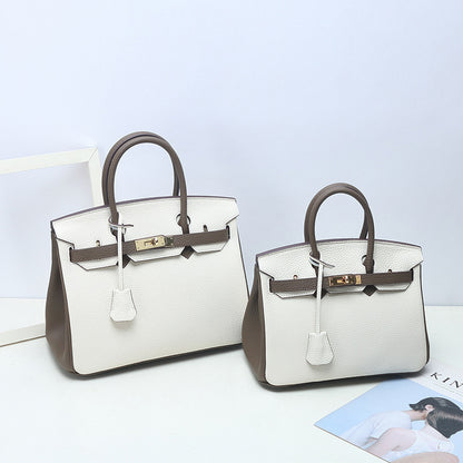 VLOVELAW 2025 Contrast color leather platinum bag lychee pattern first layer cowhide large capacity handbag fashion color matching shoulder messenger bag women