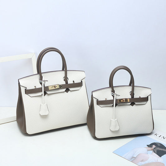 VLOVELAW 2025 Contrast color leather platinum bag lychee pattern first layer cowhide large capacity handbag fashion color matching shoulder messenger bag women
