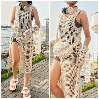 VLOVELAW 2025 Popular,  popular summer new beach skirt women solid color sexy knitted beach bikini swimsuit blouse sunscreen clothing