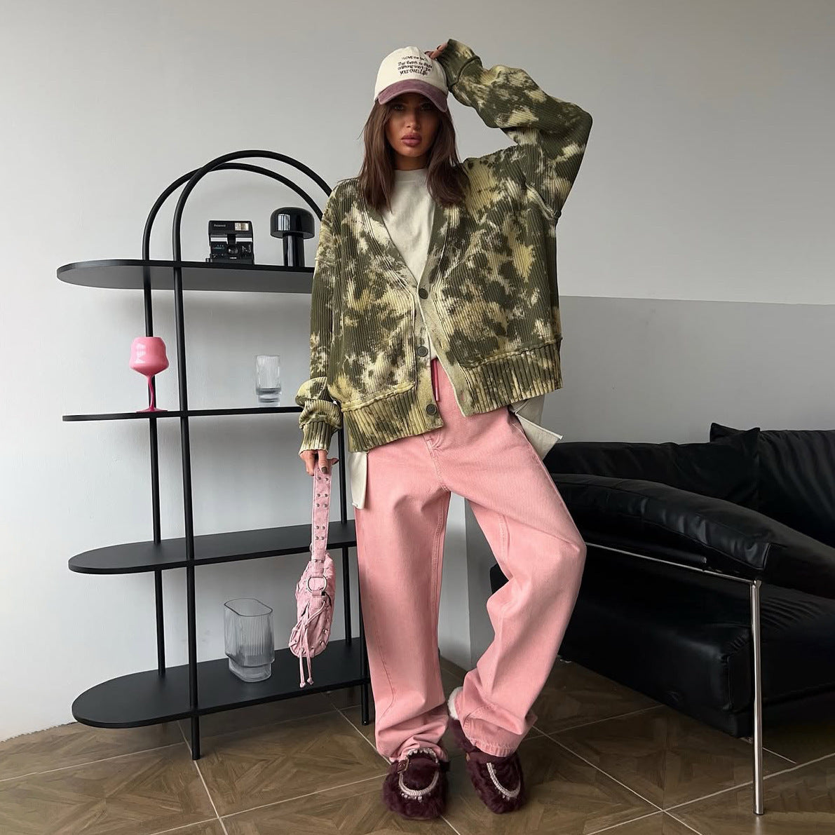 street personalized style color camouflage knitted sweater cardigan niche loose V-neck jacket female trendy brand Popular trade