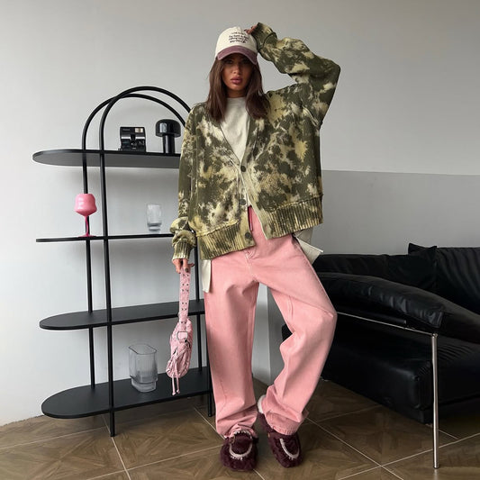 street personalized style color camouflage knitted sweater cardigan niche loose V-neck jacket female trendy brand Popular trade