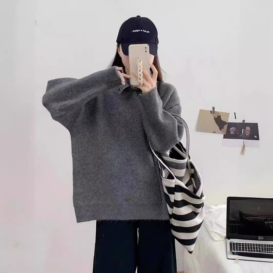 VLOVELAW Grey splicing denim collar fake two-piece sweater women's spring and autumn new versatile loose and thin pullover knitted sweater top