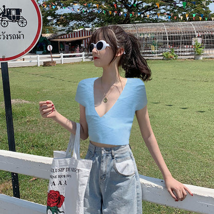 VLOVELAW American Retro Floral Cross V-neck Slim Fit Short Midriff-Baring Short-Sleeved T-shirt Women's Top  Summer New Fashion