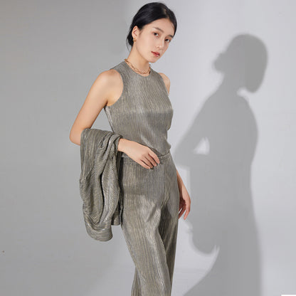 2025 women's clothing premium pleated two-piece set metal niche chic T-shirt top drape casual pants set