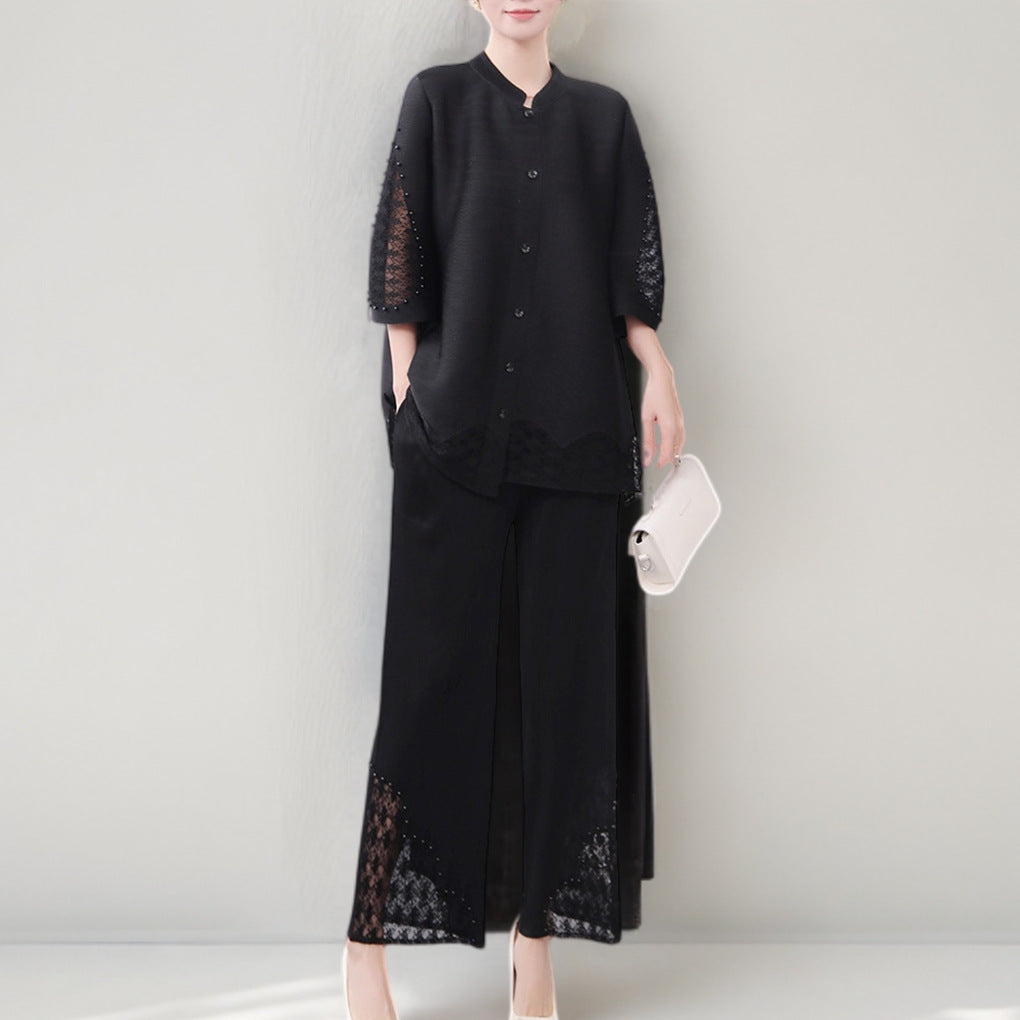 2025 Mom dress two-piece set loose large size lace versatile cardigan top straight pants casual suit spring