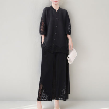 2025 Mom dress two-piece set loose large size lace versatile cardigan top straight pants casual suit spring