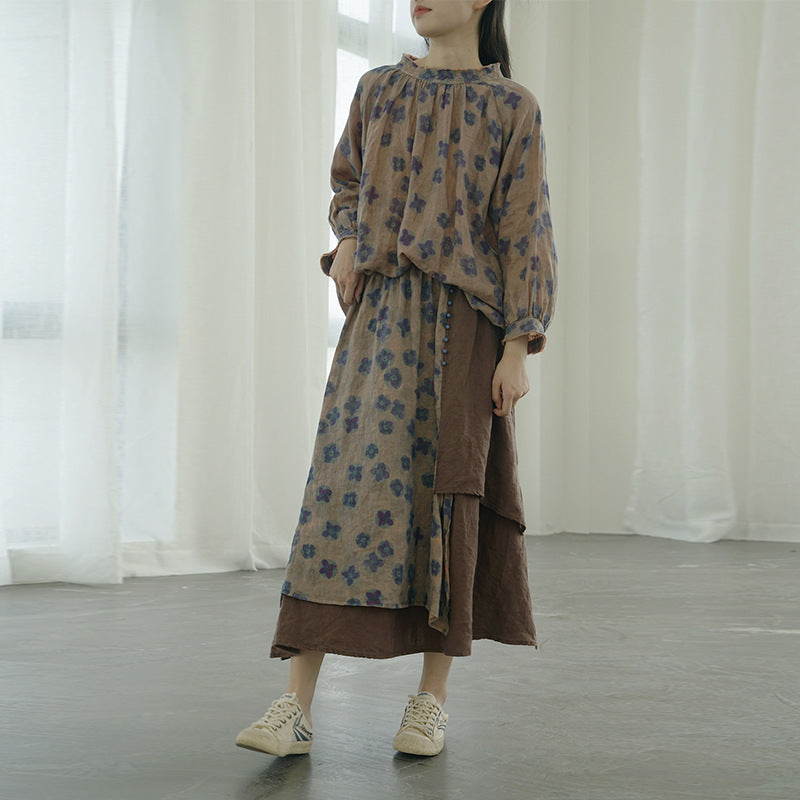 nostalgic retro blue-dye printed loose shirt, literary semi-turtleneck linen top S22261