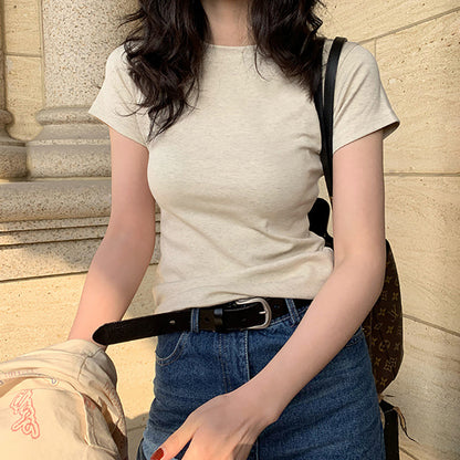 VLOVELAW American-Style White T-shirt Women's Shoulder Short Sleeve European Goods  New Slimming round Neck Cotton Bandage Dress Bottoming Top
