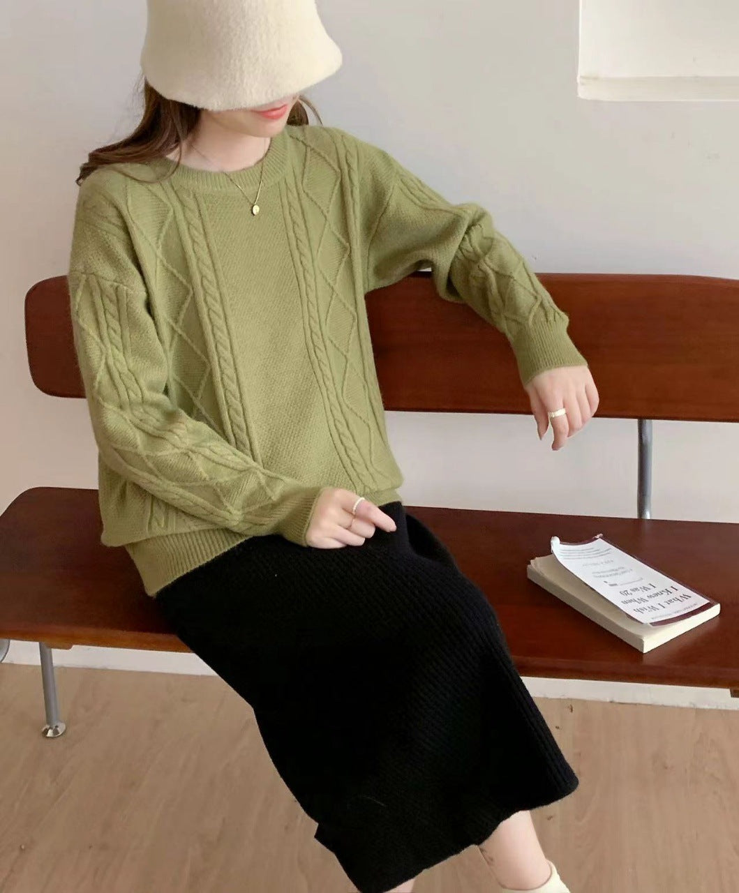 VLOVELAW New autumn and winter new women's clothing loose round neck pullover sweater women's rhombus lazy wind long-sleeved knitted sweater women's top