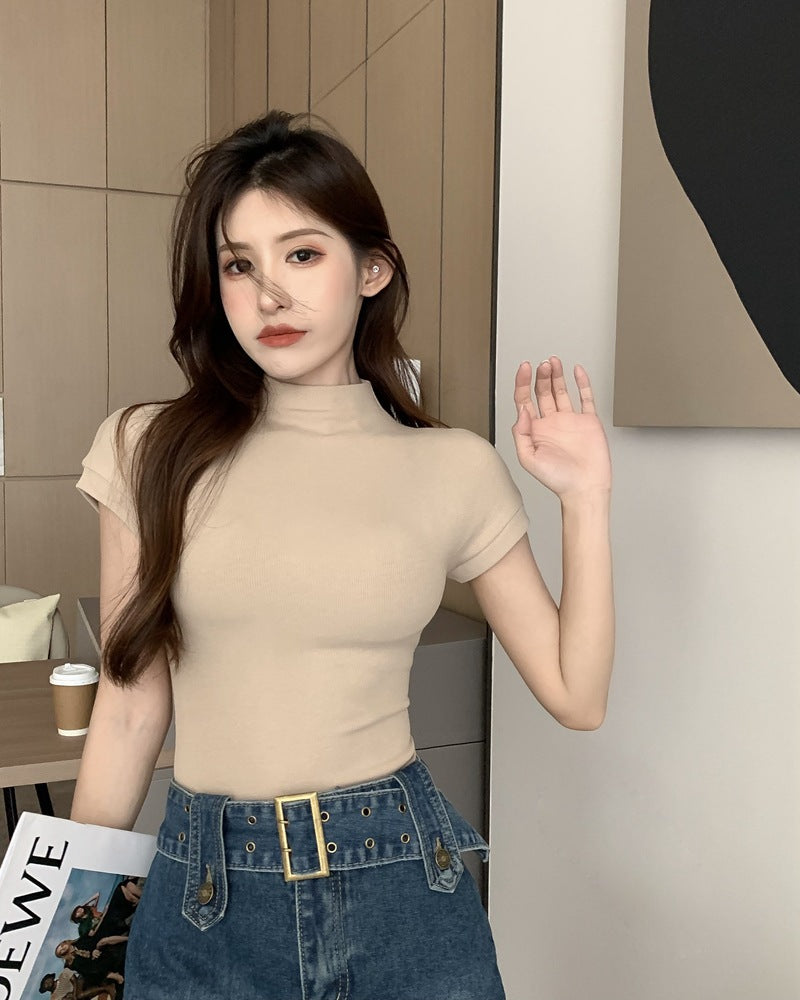 VLOVELAW Foreign Trade Cross-Border Summer Slim Fit Slim Looking Base Inner Wear Blouse Ins Desire Style Half Turtleneck Short Sleeve T-shirt Female Wholesale
