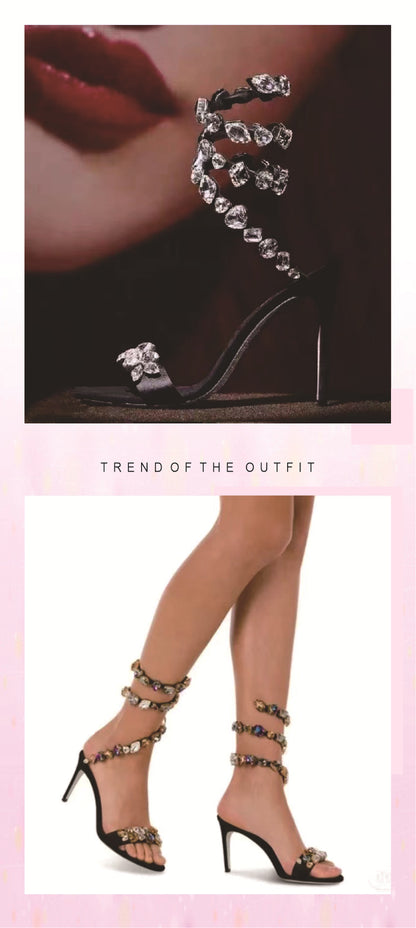 Factory Direct Supply Snakelike Winding Sandals Women's European and American Stiletto Open Toe Colorful Rhinestone Sexy Ankle Lace-up High Heels