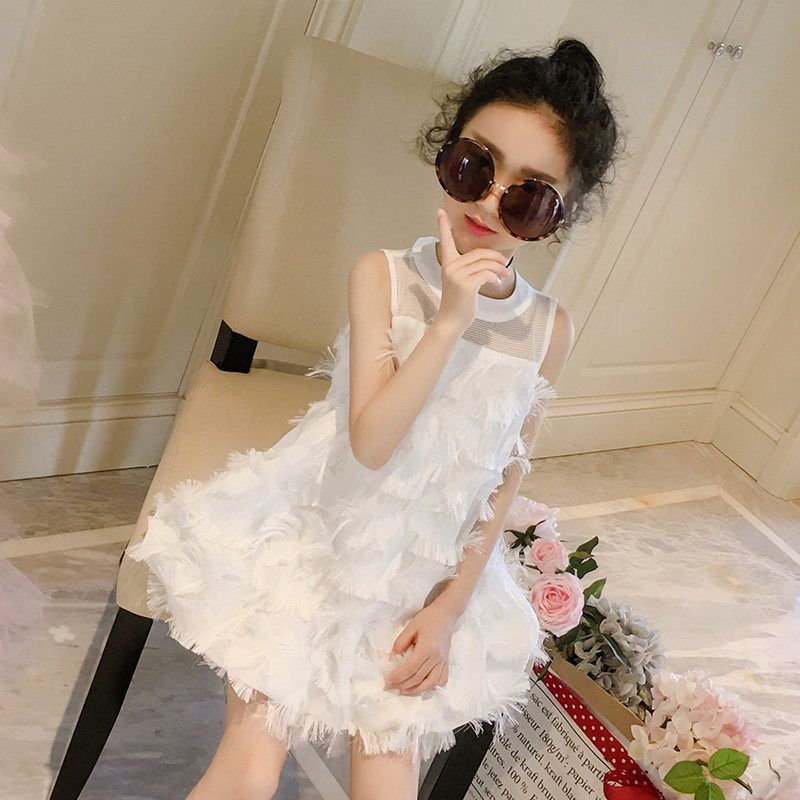 Girls' Dress Summer Internet Celebrity Children's Feathered Dress Baby Skirt Trendy Gauze Skirt Medium and Big Children's Chiffon Princess Dress