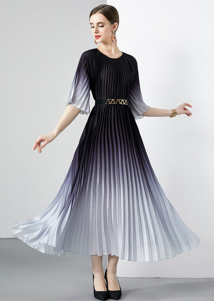 Folded dress  summer long dress round neck medium sleeve gradual change lace-up design dress skirt