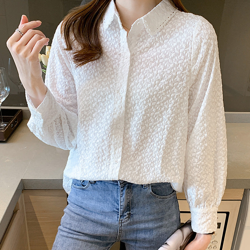 Lace lace lapel white shirt women's long sleeves popular autumn new cotton embroidered top temperament lady shirt