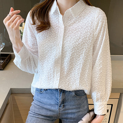 Lace lace lapel white shirt women's long sleeves popular autumn new cotton embroidered top temperament lady shirt