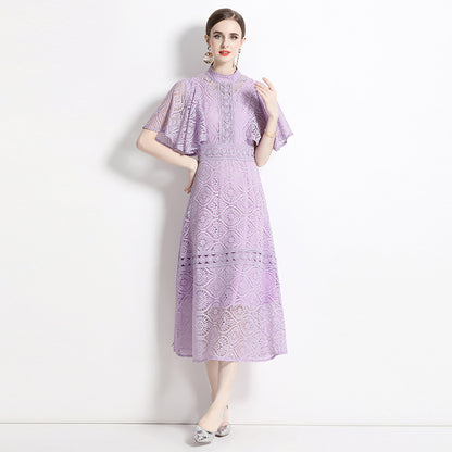 summer new stand-up collar flying sleeves temperament waist thin lace banquet dress long skirt a-word skirt