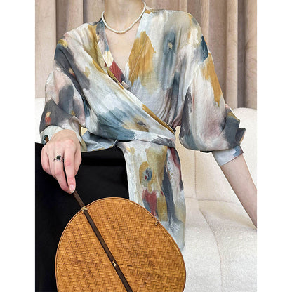 2025 Tachibana, spring new  retro smudge long-sleeved shirt women's design irregular top 1593