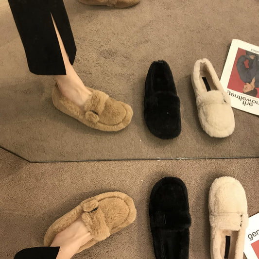 2025  Internet celebrity fairy wind rabbit hair thick soled plush shoes women winter wear lazy one pedal bean shoes women cotton shoes