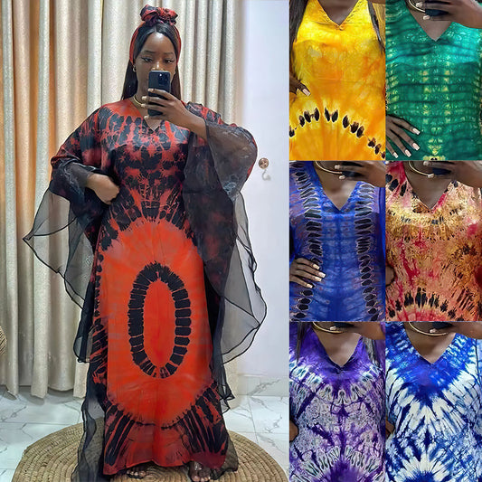 VLOVELAW Cross-Border European and American Women's Clothing African Middle East Ethnic Style Retro Long Gown Mesh Printed Tape Headscarf Dress 9004
