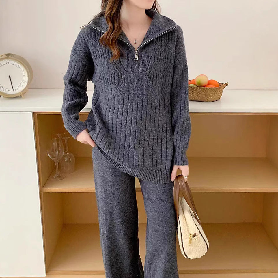 VLOVELAW Fashion high-end sweater set for women's autumn and winter lazy style zipper stand-up neck knitted sweater high-waisted wide-leg pants two-piece set
