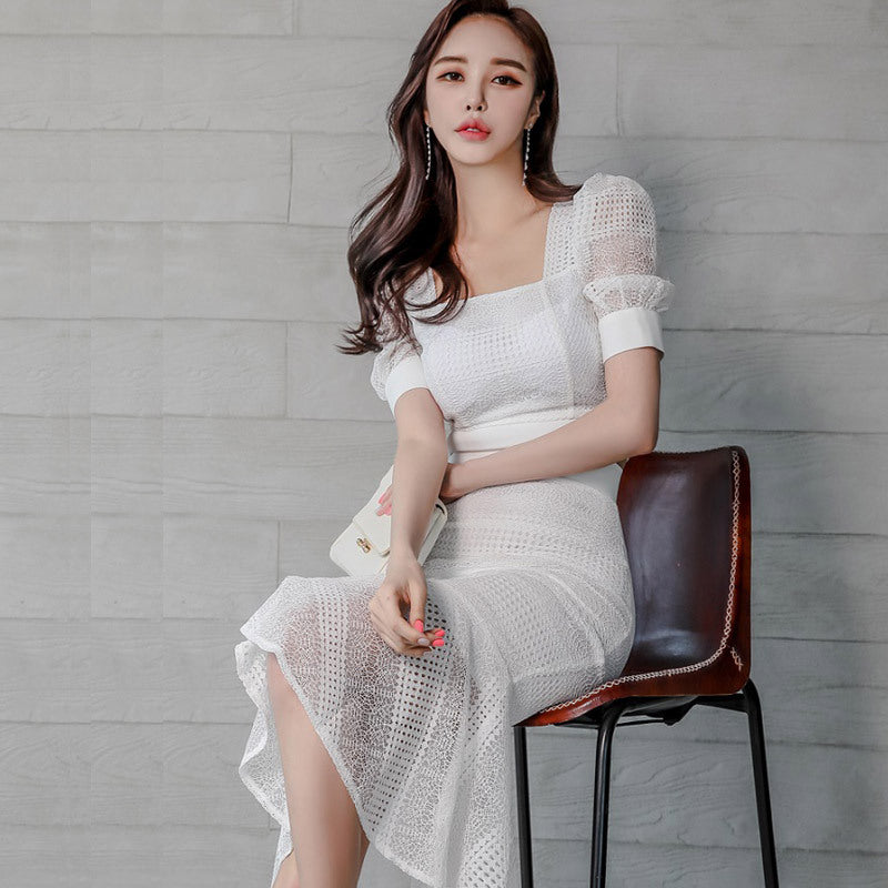 Fashion two-piece set for women's  summer new celebrity temperament slim-fitting lace top hip-wrapped fishtail skirt set for women