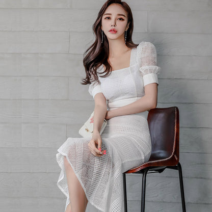 Fashion two-piece set for women's  summer new celebrity temperament slim-fitting lace top hip-wrapped fishtail skirt set for women