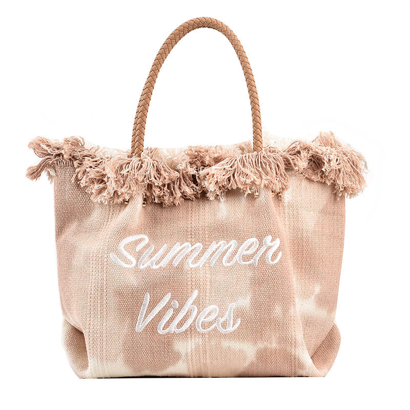 VLOVELAW Customized Cross-Border New Arrival Bag Women's Korean-Style Letter Tassel Canvas Bag Large Capacity Simple Student Shoulder Tote Bag
