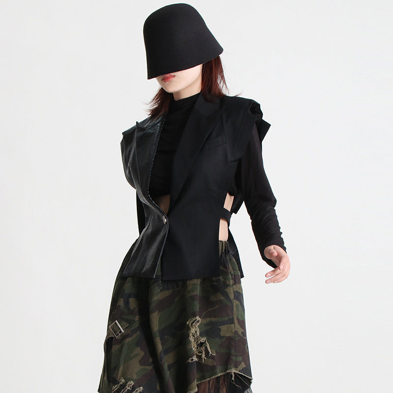 2025 spring new leather splicing design sense waist thin vest women's fashion temperament outside wear vest jacket