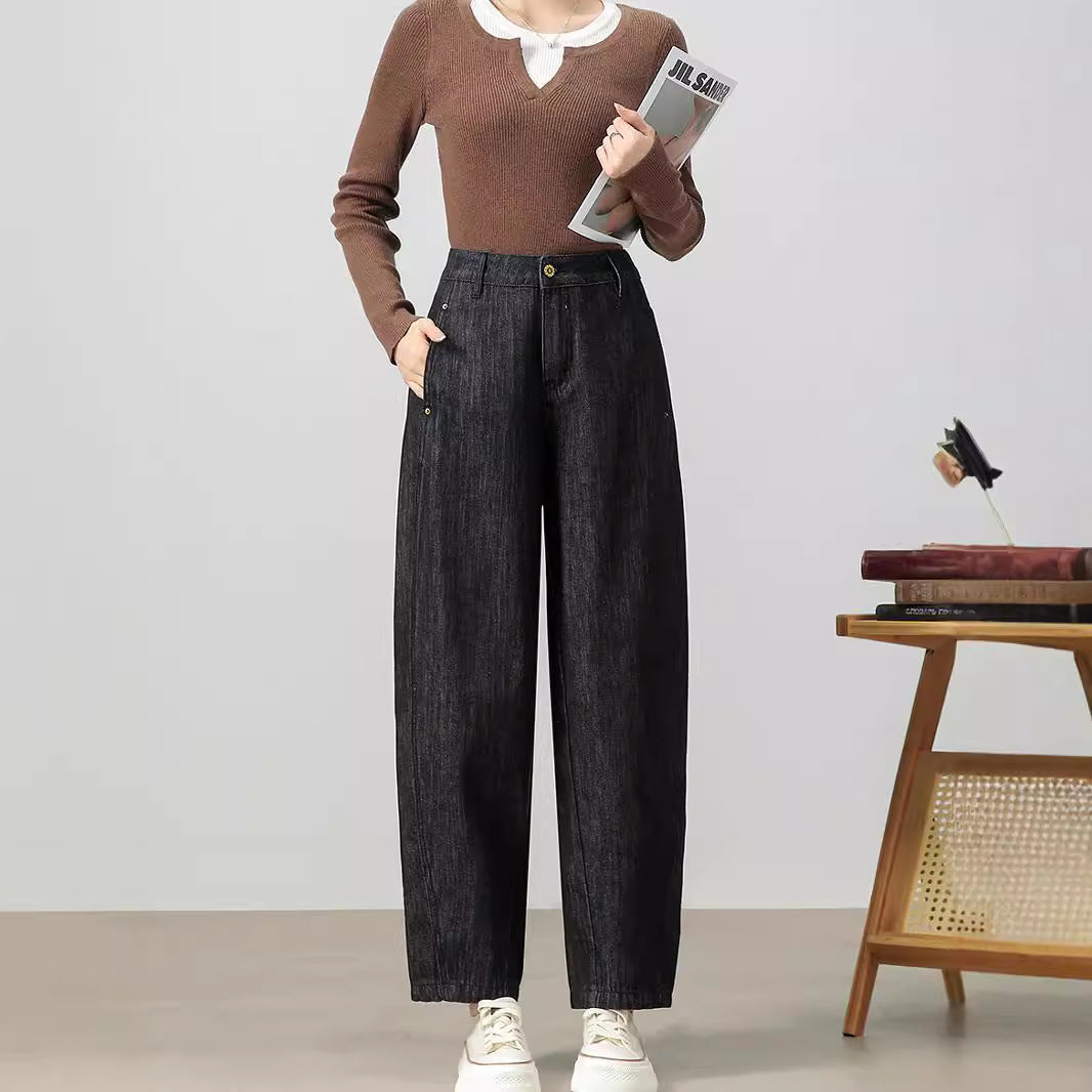 2025    Pure cotton straight Harlan pants women's spring and autumn new elastic waist loose and thin retro fashion jeans