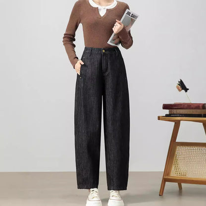 2025    Pure cotton straight Harlan pants women's spring and autumn new elastic waist loose and thin retro fashion jeans