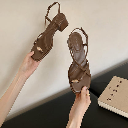 VLOVELAW  Women's Chunky Heel Temperament Fairy Style Thin Strap Sandals  New Summer Internet Celebrity Buckle Flip Toe Roman Shoes
