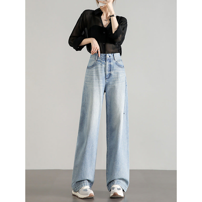 2025  Big brand flat for light color high waist loose wide leg jeans women's light blue retro pure cotton high quality casual pants