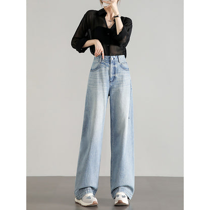 2025  Big brand flat for light color high waist loose wide leg jeans women's light blue retro pure cotton high quality casual pants