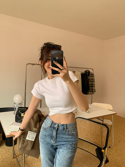 VLOVELAW American-Style White T-shirt Women's Shoulder Short Sleeve European Goods  New Slimming round Neck Cotton Bandage Dress Bottoming Top