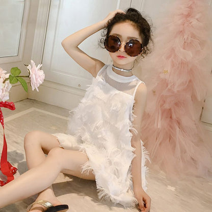 Girls' Dress Summer Internet Celebrity Children's Feathered Dress Baby Skirt Trendy Gauze Skirt Medium and Big Children's Chiffon Princess Dress