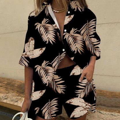 VLOVELAW European and American New Women's Clothes Cross-Border Lapel Short Sleeve Printed Shirt Two-Piece Set Wide Leg Elastic Waist Pants Shorts