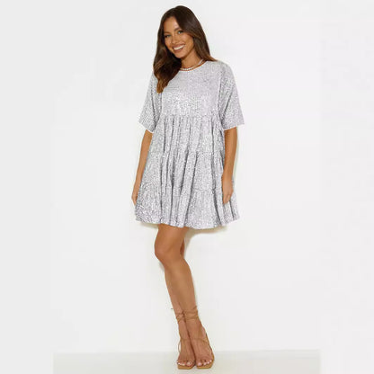 XIEYINSHE Europe and America Cross Border Foreign Trade Popular Style Fashion Pure Color Sequins Loose Waist Short Sleeve Swing Skirt Dress