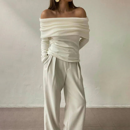 VLOVELAW 2025 New new 2025 style one-word shoulder temperament open shoulder design sense slim and thin chest-wrapped knitted sweater women