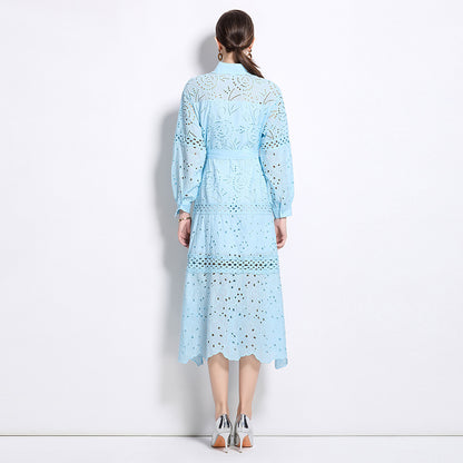 Bohemian vacation dress women's popular new age-reducing bubble sleeves slim-fitting long heavy industry embroidered shirt skirt