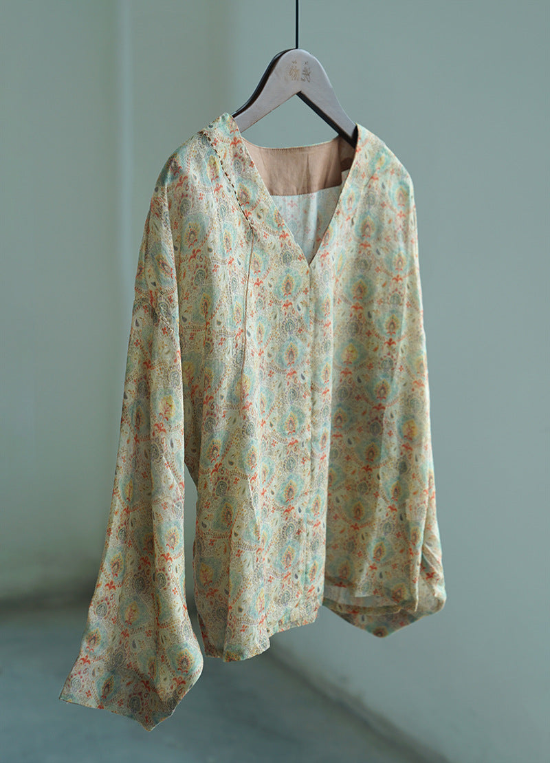 retro V-neck ramie pullover shirt, national style classical printing Song cool top S22208