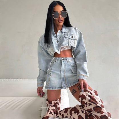 2025 2025n Spice Girl short open-navel denim suit women's two-piece set spring new deconstruction design skirt suit new