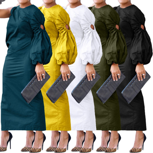 VLOVELAW Bn295 Cross-Border Foreign Trade European and American Women's Clothing Autumn New Solid Color Single Sleeve Hollow-out Side Slit Dress