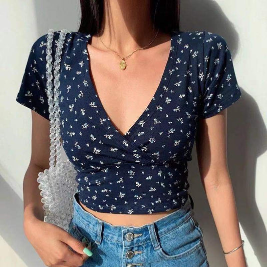 VLOVELAW New Floral Short Navel Elegant Top Women's Summer Slim Fit Slimming V-Neckline Short Sleeve Korean Style T-shirt Women's Fashion