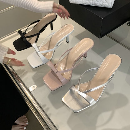 Spring and Autumn New  Style Square Toe High Heels Women's Roman Sandals Outer Wear Flip-Flops Flip-Flops All-Matching