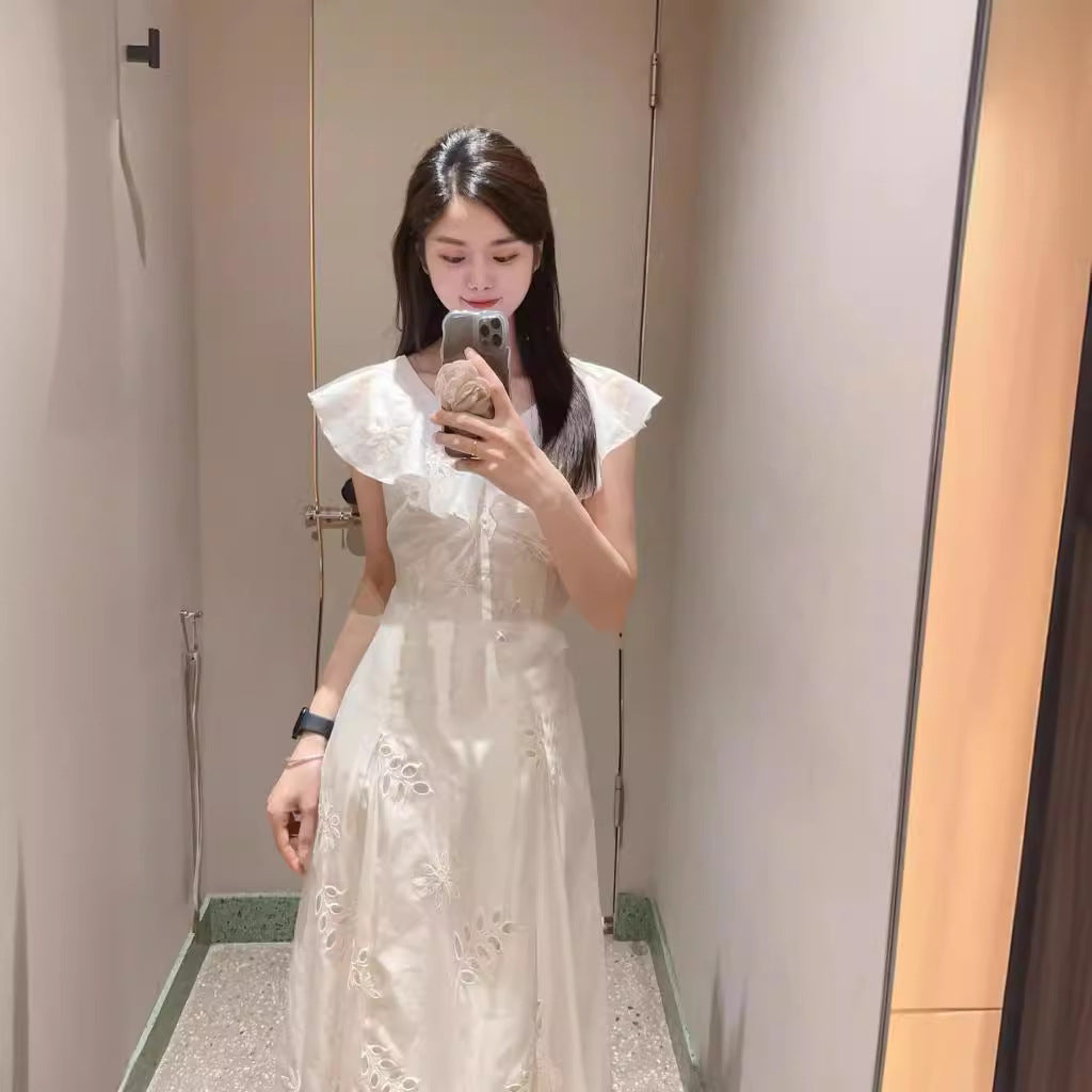 VLOVELAW [Golden Girl] S's 24 New Japanese Style V-neck Flounce Flying Sleeve Hollow Embroidery Dress 24039#